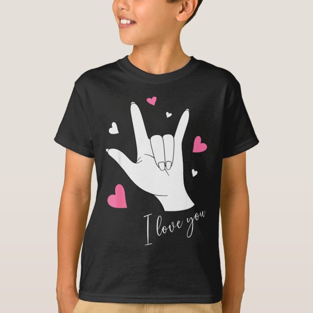 Camiseta Cute Valentines Day Hearts I Love You Hand Sign La (Frente)