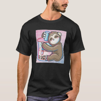 Camiseta Cute Vaporwave Art Kawaii Hugging Sloth Boba Milk