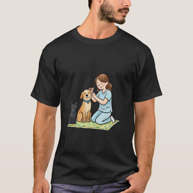 Camiseta Cute Vet Nurse with Dog and Cat Illustration (Frente)