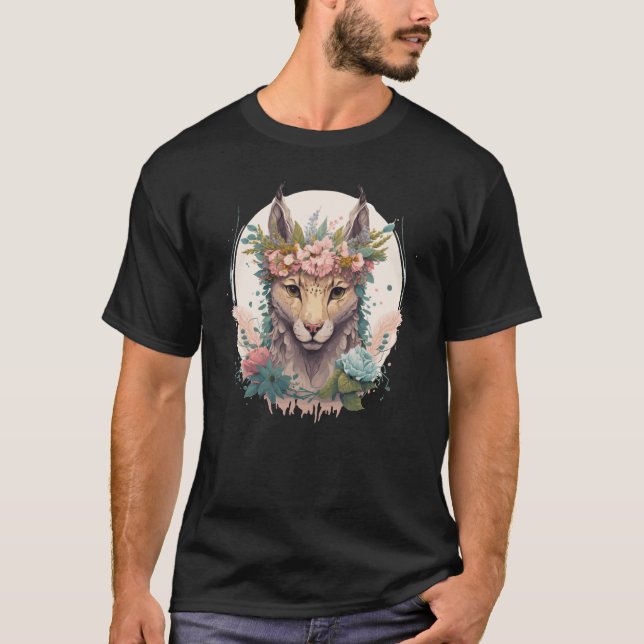 Camiseta Cute Watercolor Lynx Flower Crown Floral Feline (Frente)