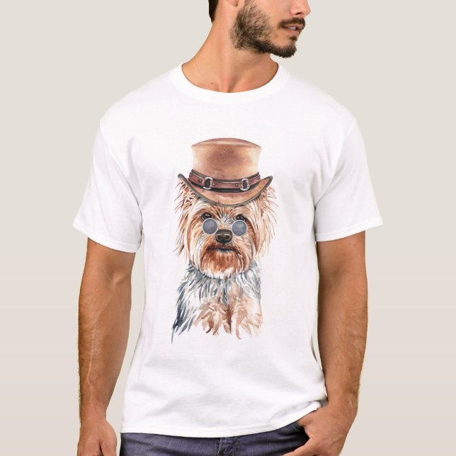 Camiseta Cute Watercolor Steampunk Yorkshire Terrier (Frente)