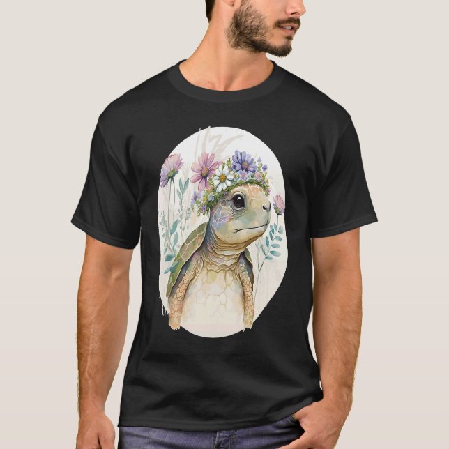 Camiseta Cute Watercolor Turtle Flower Crown Sea Animal (Frente)