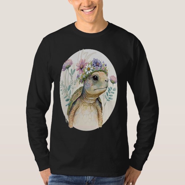 Camiseta Cute Watercolor Turtle Flower Crown Sea Animal (Frente)