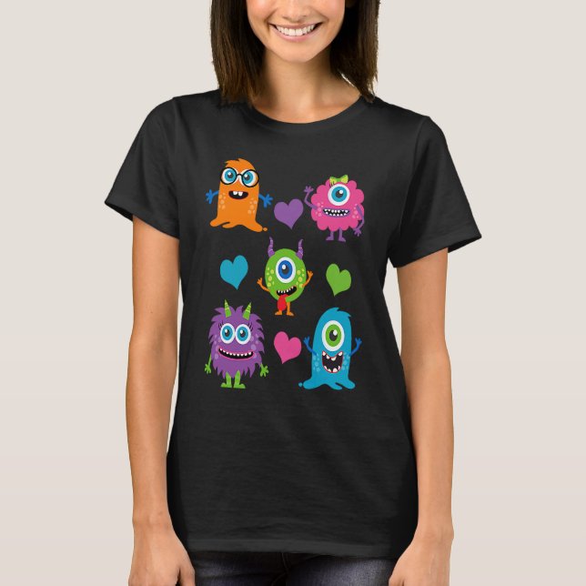 Camiseta Cute Whimsical Colorful Little Monsters With Heart (Frente)