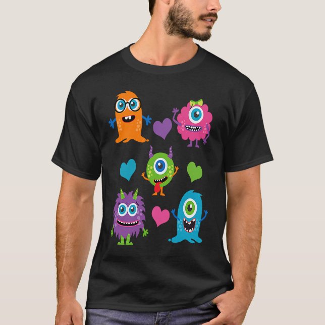 Camiseta Cute Whimsical Colorful Little Monsters With Heart (Frente)
