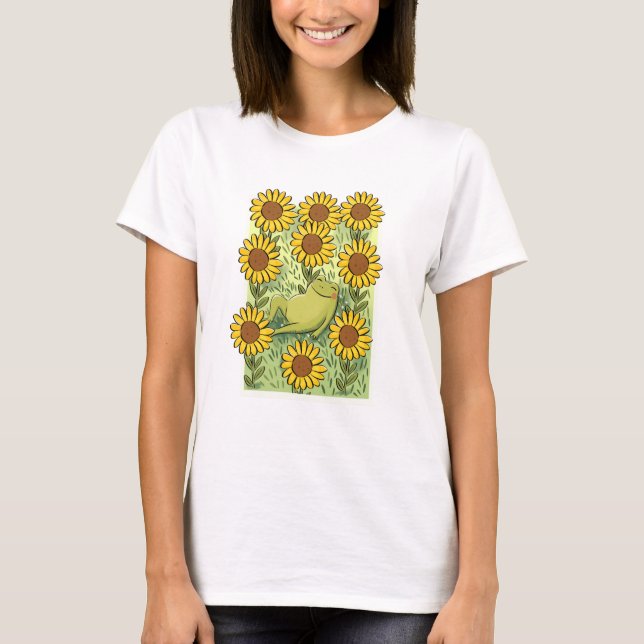 Camiseta Cute Whimsical Frog And Sunflowers Illustration (Frente)