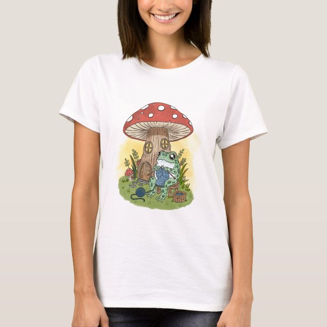 Camiseta Cute Whimsical Frog Knitting Illustration (Frente)