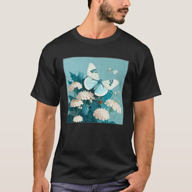 Camiseta Cute White Butterfly Illustration Flowers Minimal  (Frente)