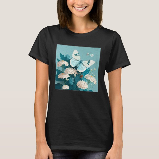 Camiseta Cute White Butterfly Illustration Flowers Minimal  (Frente)