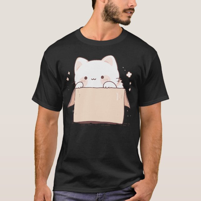 Camiseta Cute White Cat in a Box Japanese Kawaii Cartoon Gr (Frente)