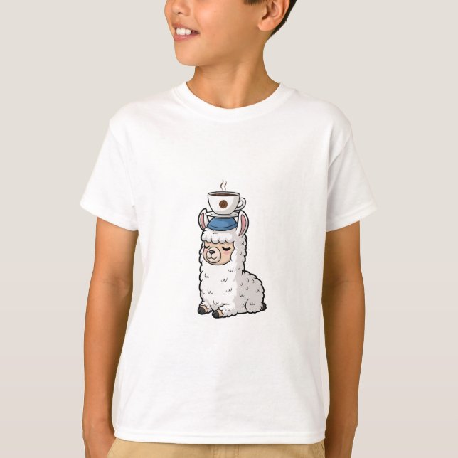 Camiseta Cute White Llama Balancing Steaming Coffee Cup (Frente)