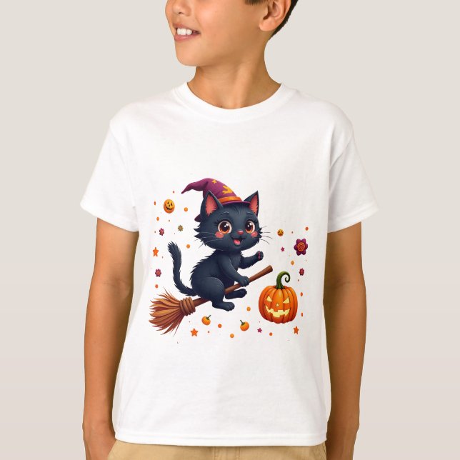 Camiseta Cute Witch Kitten Riding Broom Halloween   (Frente)