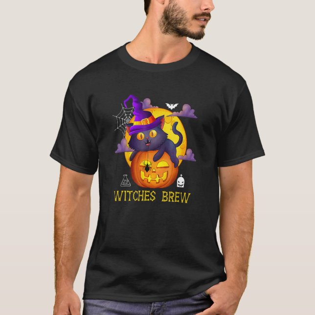 Camiseta Cute Witches Brew Black Cat And Pumpkin Halloween  (Frente)