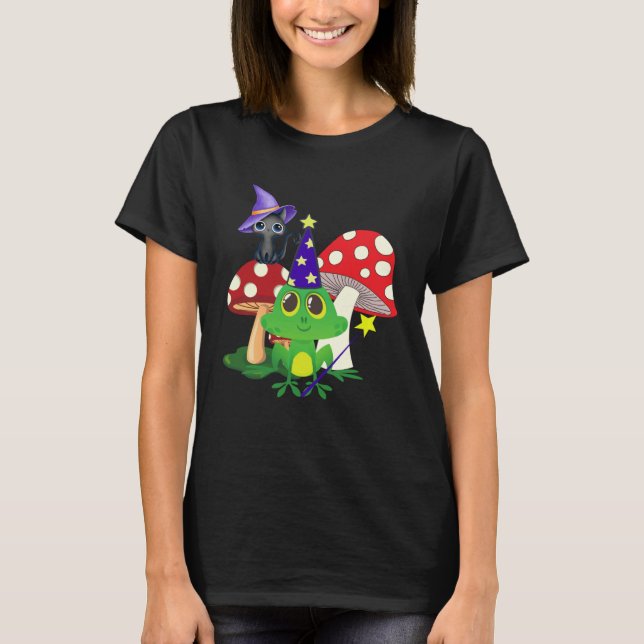 Camiseta Cute Wizard Frog and Witch Black Cat Mushrooms Hal (Frente)