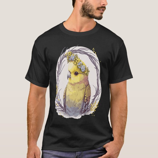 Camiseta Cute Yellow Budgie Parakeet Bird Flower Crown Pet  (Frente)