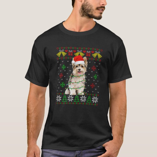 Camiseta Cute Yorkshire Terrier Dog Santa Hat Ugly Sweater (Frente)