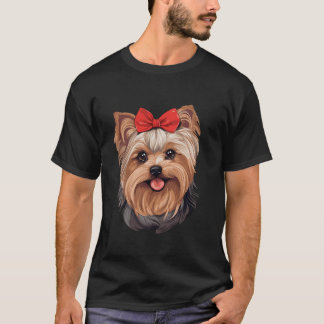 Camiseta Cute Yorkshire Terrier em um Arco Tie Headband Red
