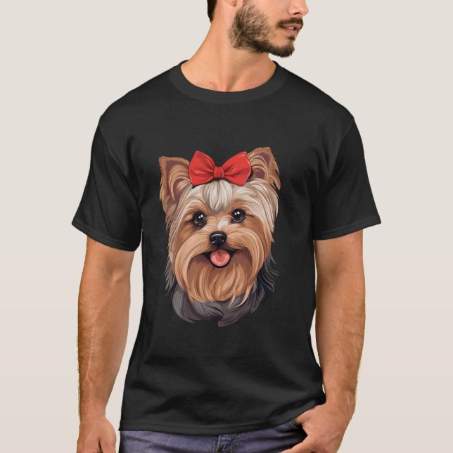 Camiseta Cute Yorkshire Terrier em um Arco Tie Headband Red (Frente)