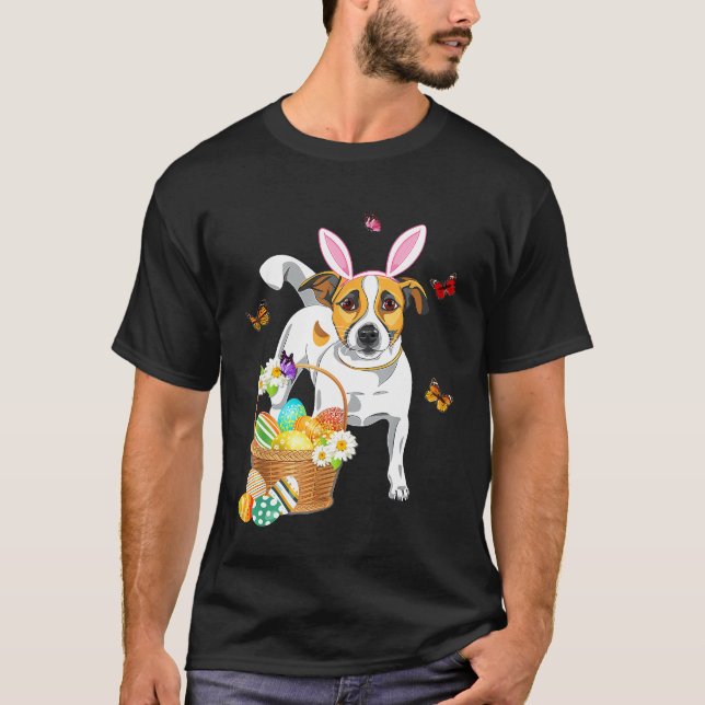 Camiseta Cutes Jack Russell Bunny Ear Com Páscoa De Ovos (Frente)