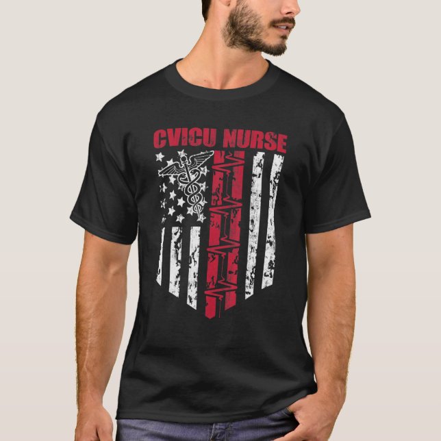 Camiseta CVICU Enfermeiro USA Flag Patriotic Nuring RN Regi (Frente)