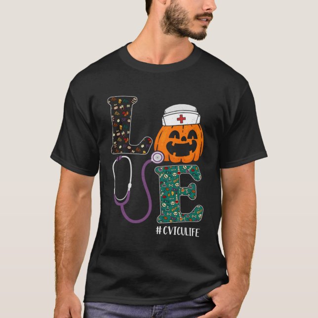Camiseta CVICU Nurse Halloween Scary Pumpkin Love Nurse Lif (Frente)