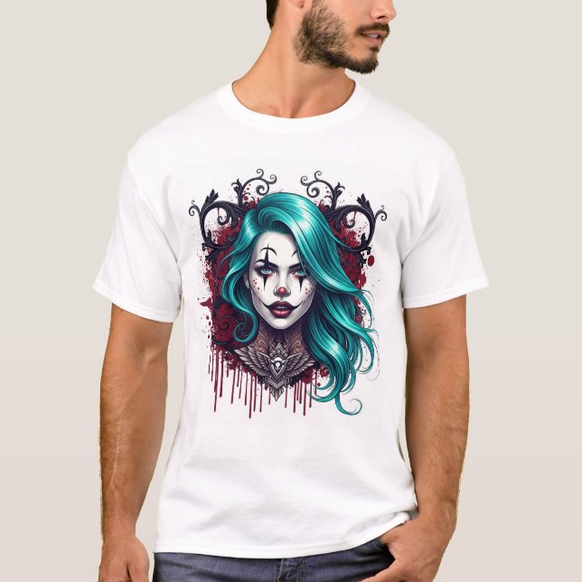 Camiseta Cyan Haired Clown Queen - Spooky Chic Graphic (Frente)