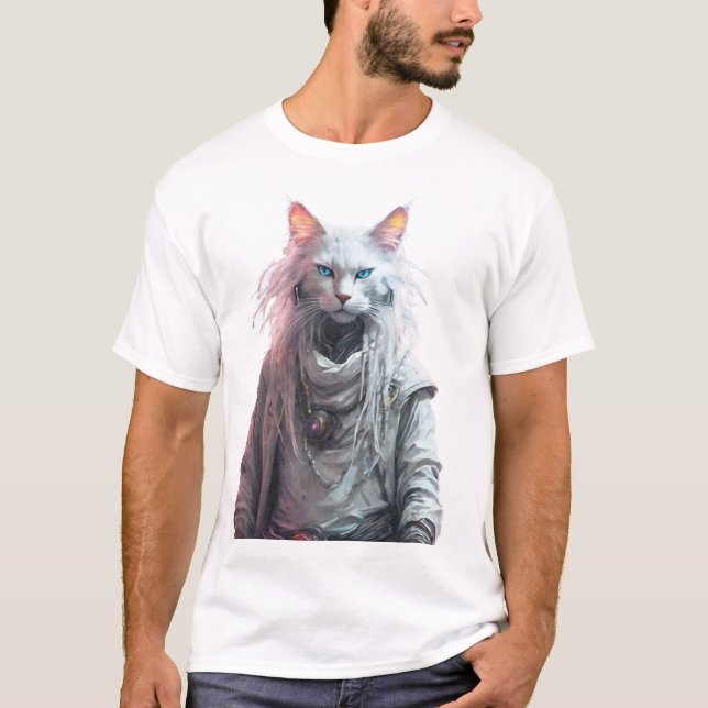 Camiseta Cyber Cat Branco Místico (Frente)