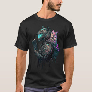 Camiseta Cyber Cat Protetor Punk Synthwave Leitura Futuris