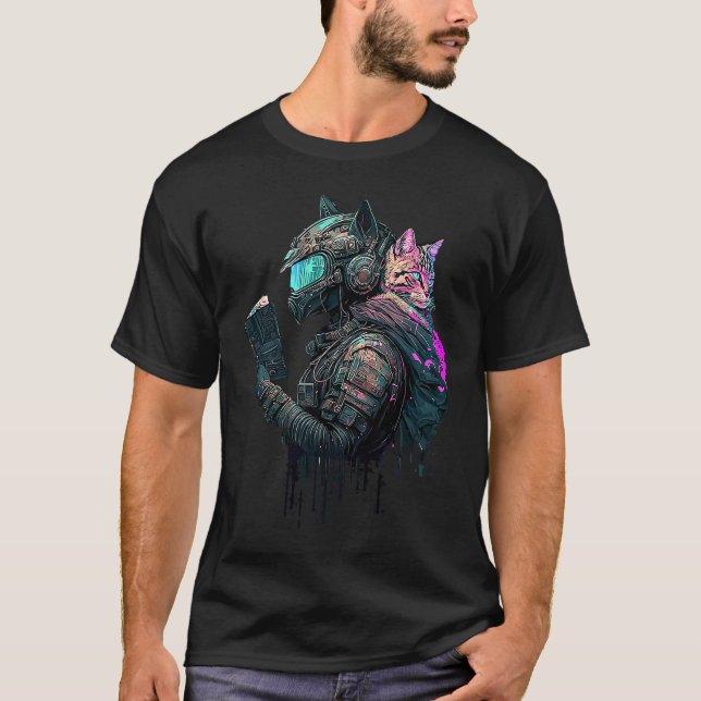 Camiseta Cyber Cat Protetor Punk Synthwave Leitura Futuris (Frente)