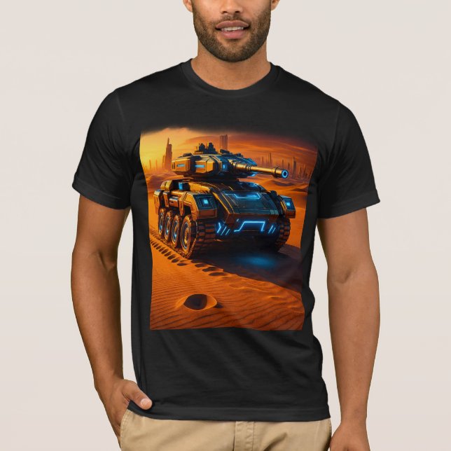 Camiseta Cyber Desert Tank Tee – Futuristic Armor in Sunset (Frente)