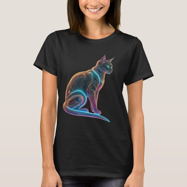 Camiseta Cyber Feline: Neon Guardian (Frente)
