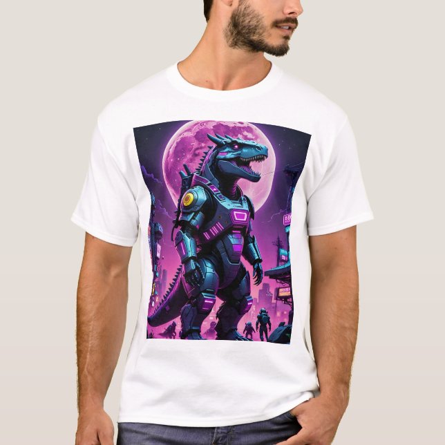 Camiseta Cyber Mecha Dinossaur Futurística Teto de Batalha  (Frente)