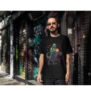 Camiseta Cyber Neon Skeleton Riding Robo Dino - Halloween