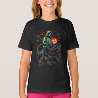 Camiseta Cyber Neon Skeleton Riding Robo Dino - Halloween