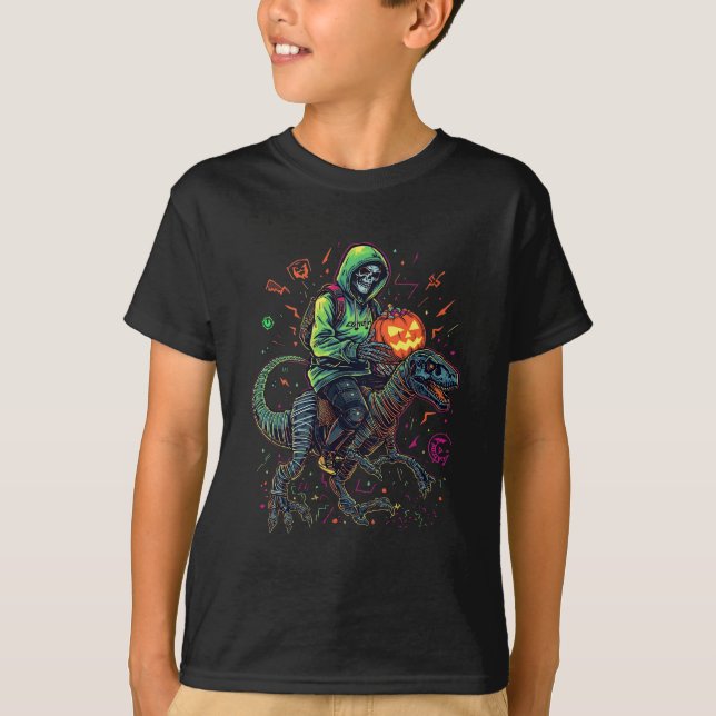Camiseta Cyber Neon Skeleton Riding Robo Dino - Halloween (Frente)