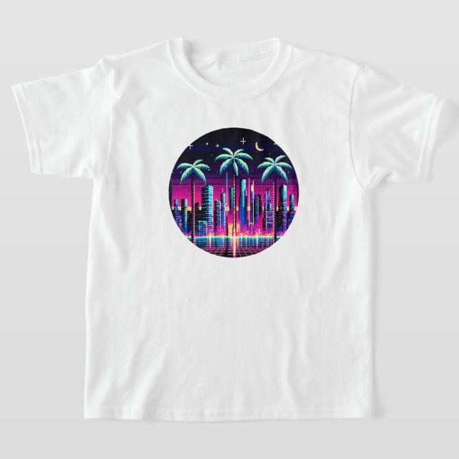 Camiseta Cyber Palms Neon Pixel Art Retro-Futurística Desig (Postura )
