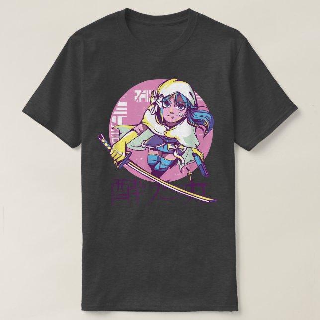 Camiseta Cyber Punk Anime Warrior Girl Retro Kanji Japonês (Frente do Design)