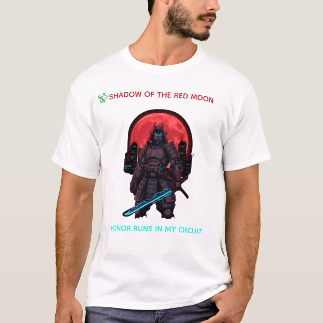 Camiseta Cyber Samurai Under the Red Moon – Neon Warrior (Frente)