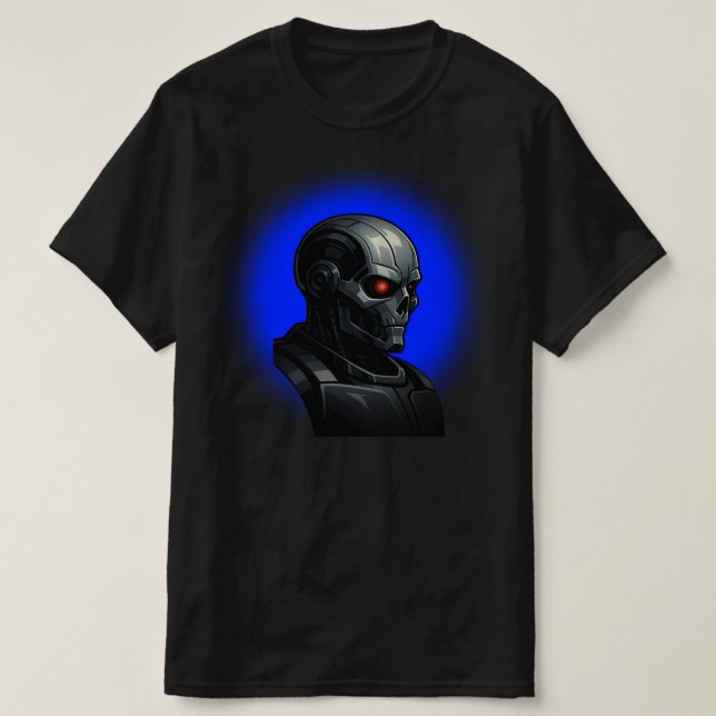 Camiseta Cyber Skull Blue Glow Robot Head Graphic Design   (Frente do Design)