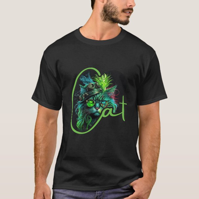 Camiseta Cyber Steampunk Cat – Neon Futuristic Cat Lover (Frente)