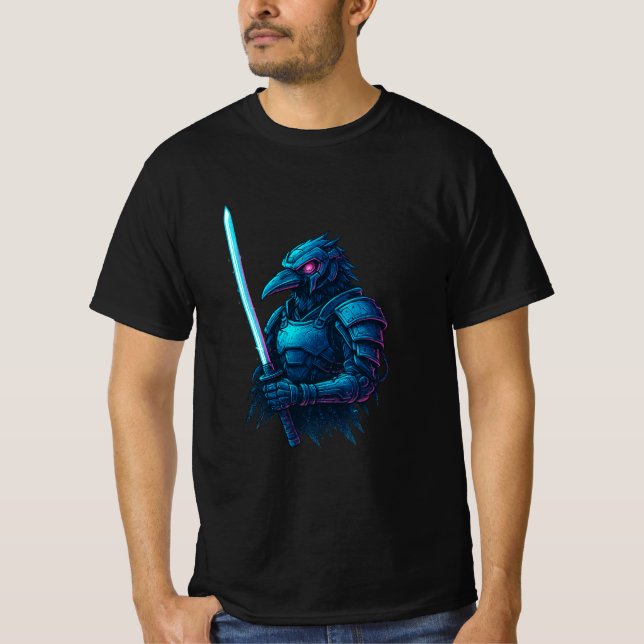 Camiseta Cybernetic Crow Ronin – Neon Samurai Bird Warrior (Frente)