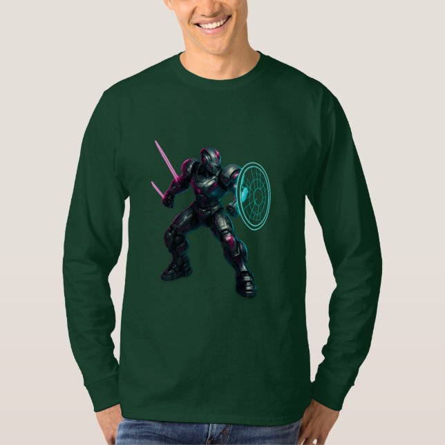 Camiseta Cybernetic Gladiator – Neon Blade Warrior (Frente)