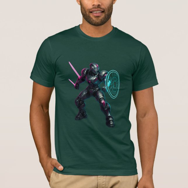 Camiseta Cybernetic Gladiator – Neon Blade Warrior (Frente)