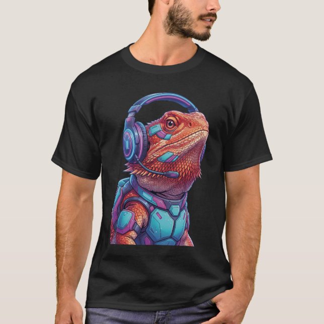 Camiseta Cyberpunk Bearded Dragon Gamer Neon Lizard (Frente)