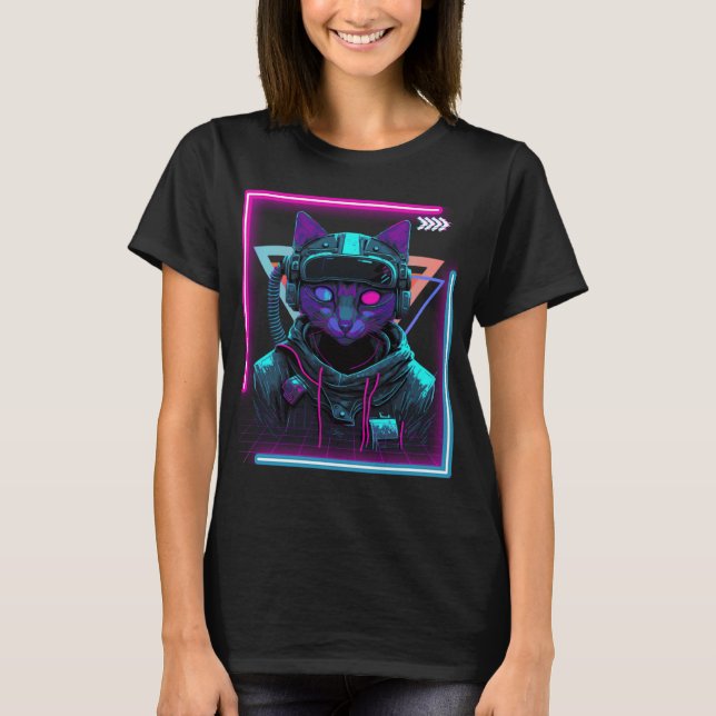 Camiseta Cyberpunk Cat Kitty Punker Futuristic Cyber Punk (Frente)