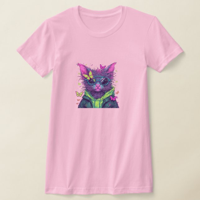 Camiseta Cyberpunk Cat with Sunglasses and Neon Butterflies (Postura )