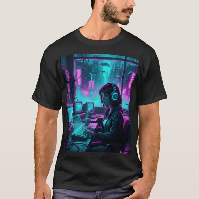 Camiseta Cyberpunk Coder Girl – Retro Future Hacker Art (Frente)