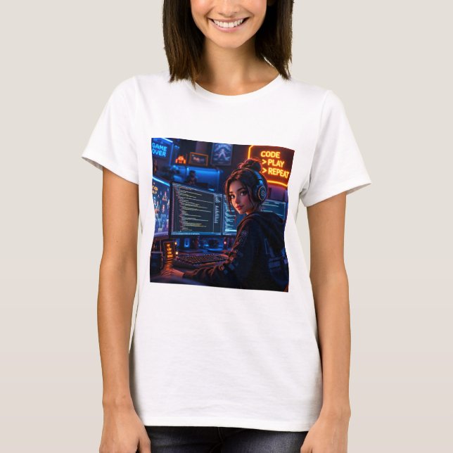 Camiseta Cyberpunk Girl Coder - Estética de Jogos  (Frente)