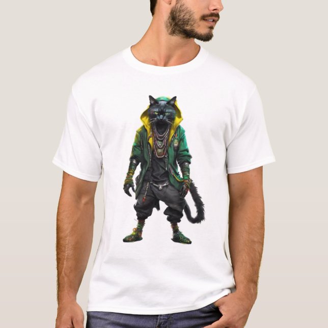 Camiseta Cyberpunk Mystical Rastafarian Cat (Frente)