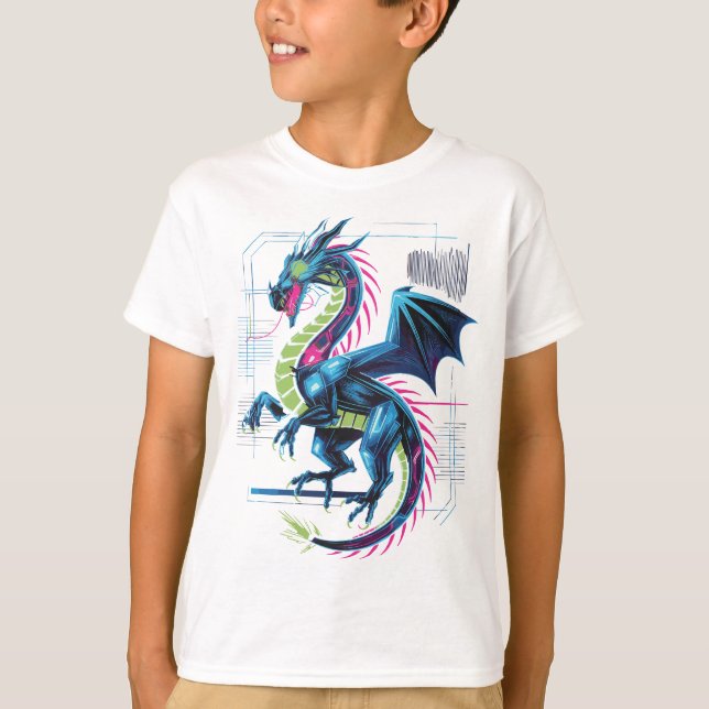 Camiseta Cyberpunk Neon Dragon - Futurística fantasia tecno (Frente)
